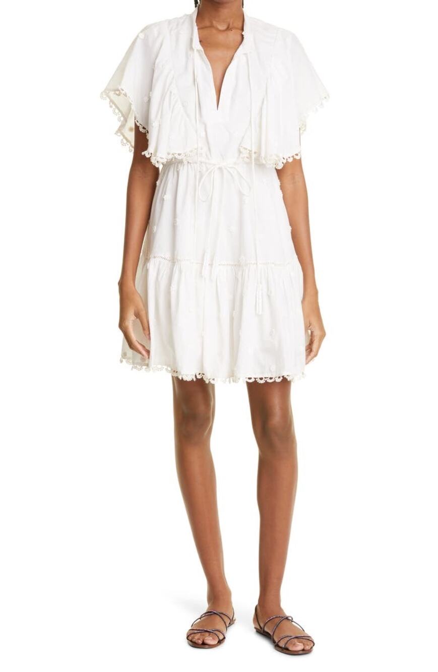Eyelit Preppy 3D Floral Ruffles Lace Trim Farm Rip V-Neck Cotton Mini Dress